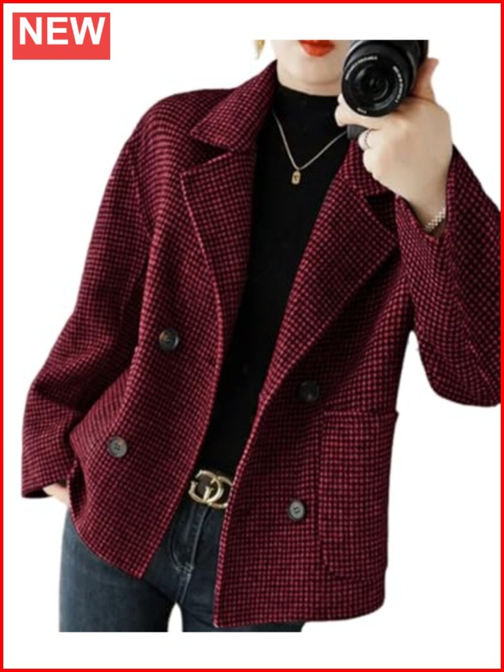 Cropped Wool Coat Houndstooth Short Pea Blazer Jacket